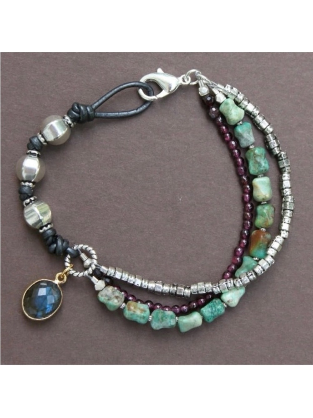 Silver Turquoise Garnet Labradorite Black Leather Sundance Style Bracelet
